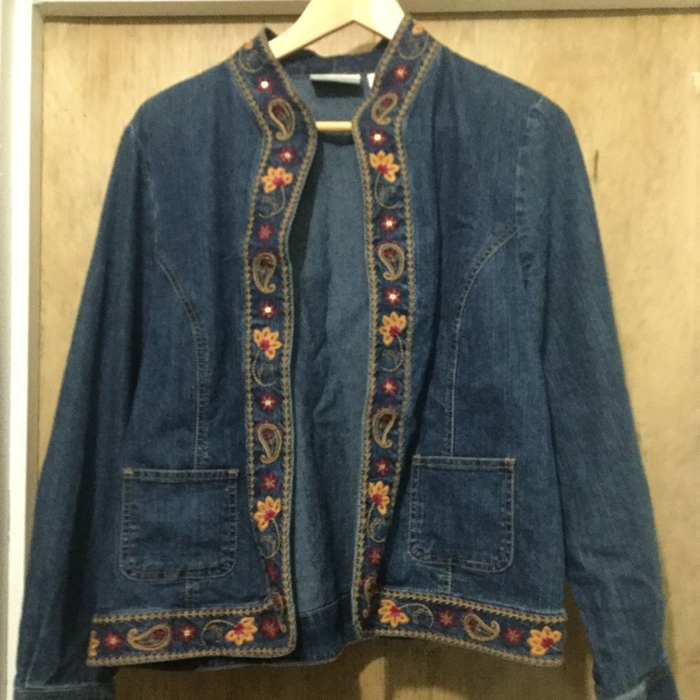 Alfred Dunner petite jean jacket open front embroidered size 10